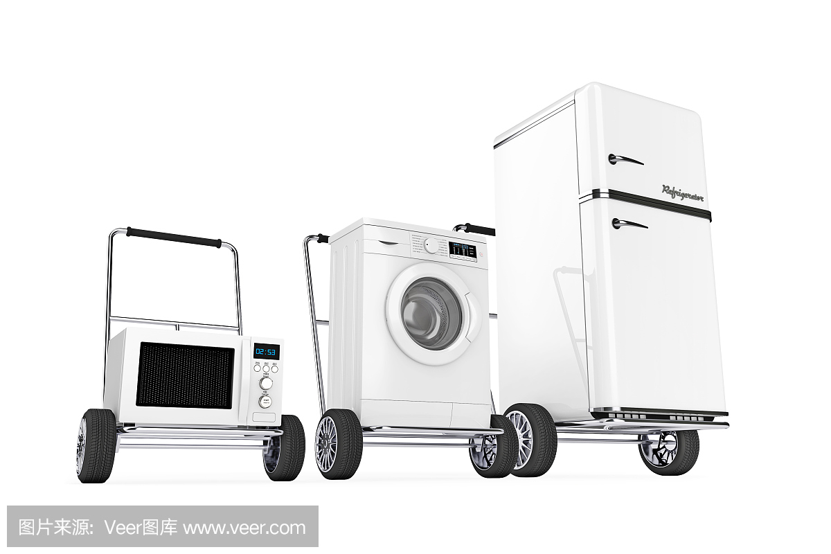冰箱,洗衣機和微波爐在手推車上。